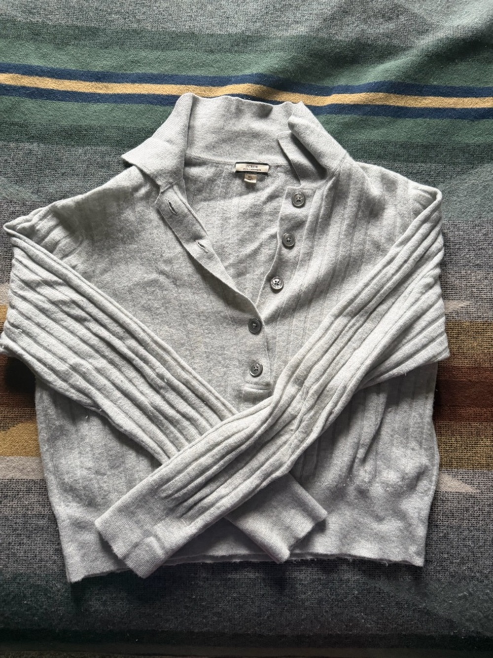 100% cashmere J. Crew Light Gray Ribbed Button-Collar Turtleneck Sweater